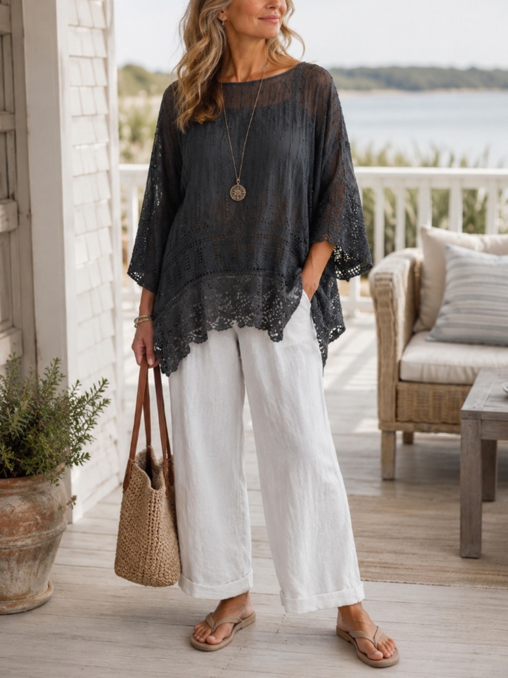 4 Love & Liberty Silk Embroidered Cutwork Lace Tunic Sheer Boho Charcoal Top L